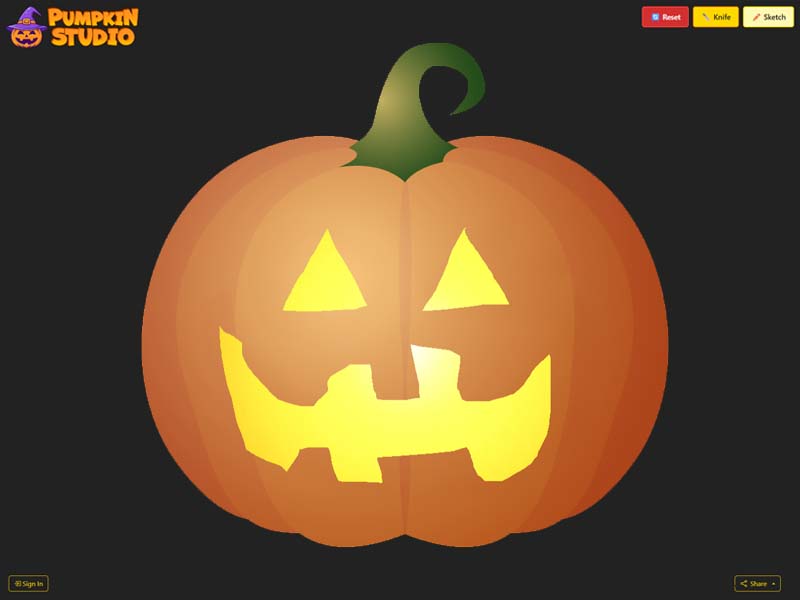 Online pumpkin carving game Pumpkin Studio showing pumpkins placed on interactive Halloween map